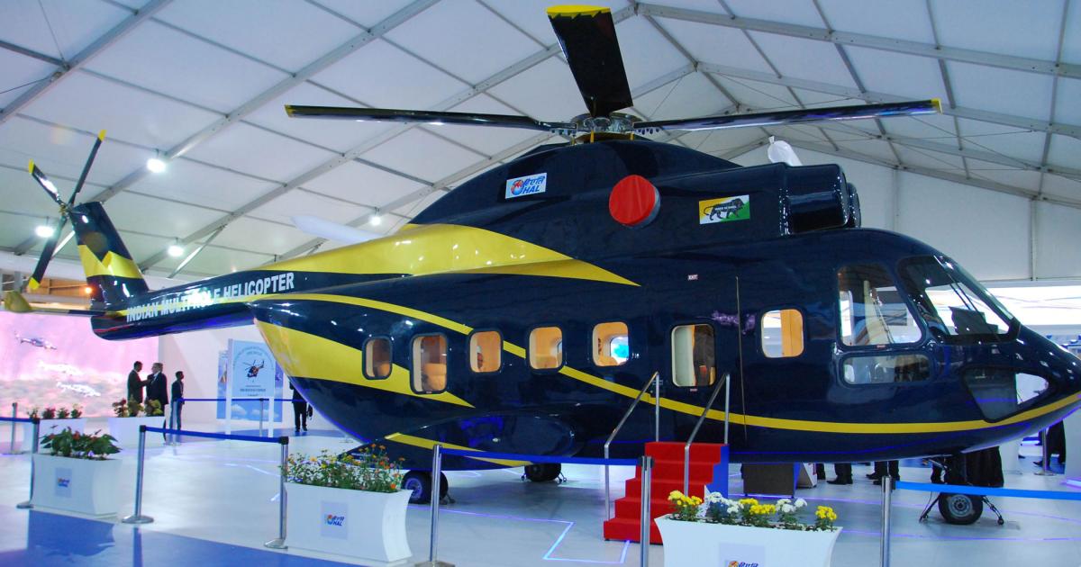 A full-scale mockup of the Indian multirole helicopter (IMRH) was displayed on the HAL stand at Aero India. (Photo: HAL)   