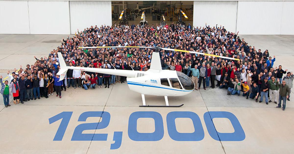 Torrance, California-based Robinson Helicopter rolled out its 12,000th helicopter, a turbine-powered R66, in late December. The milestone helicopter will be delivered to South African dealer Hover Dynamics and eventually will fly charters and air tour flights at Fly Karoo Air Services in the Graff-Reinet area.