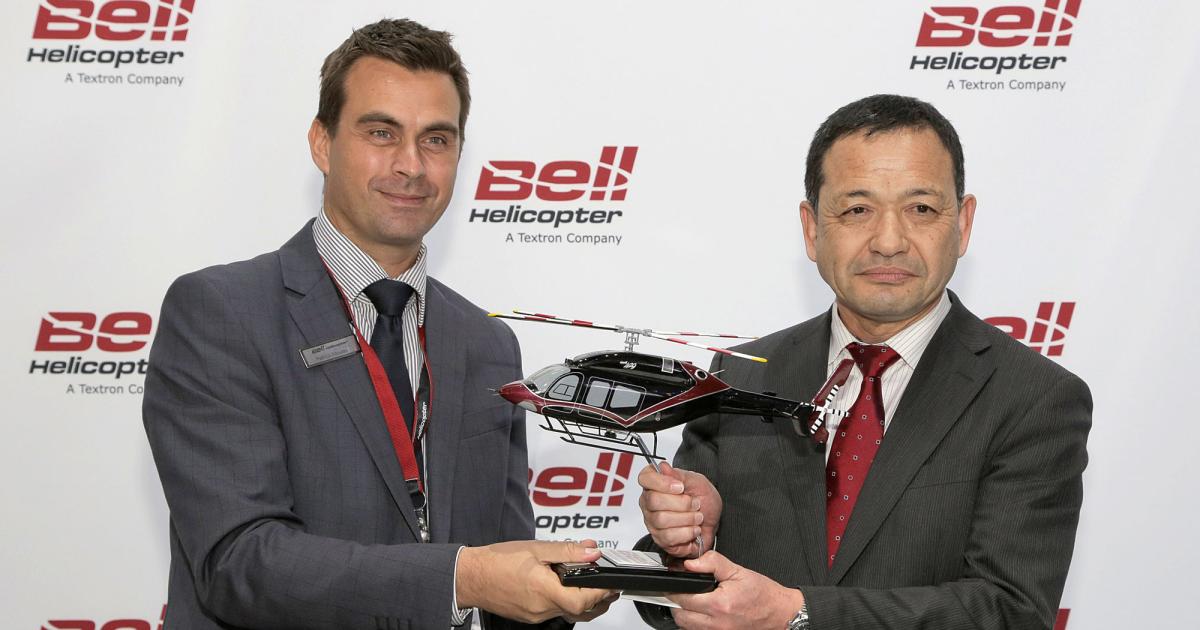 Bell executive v-p of commercial sales Patrick Moulay and a representative from Nakanihon Air Service sealed a deal for two Bell 429s here at Heli-Expo on Tuesday.