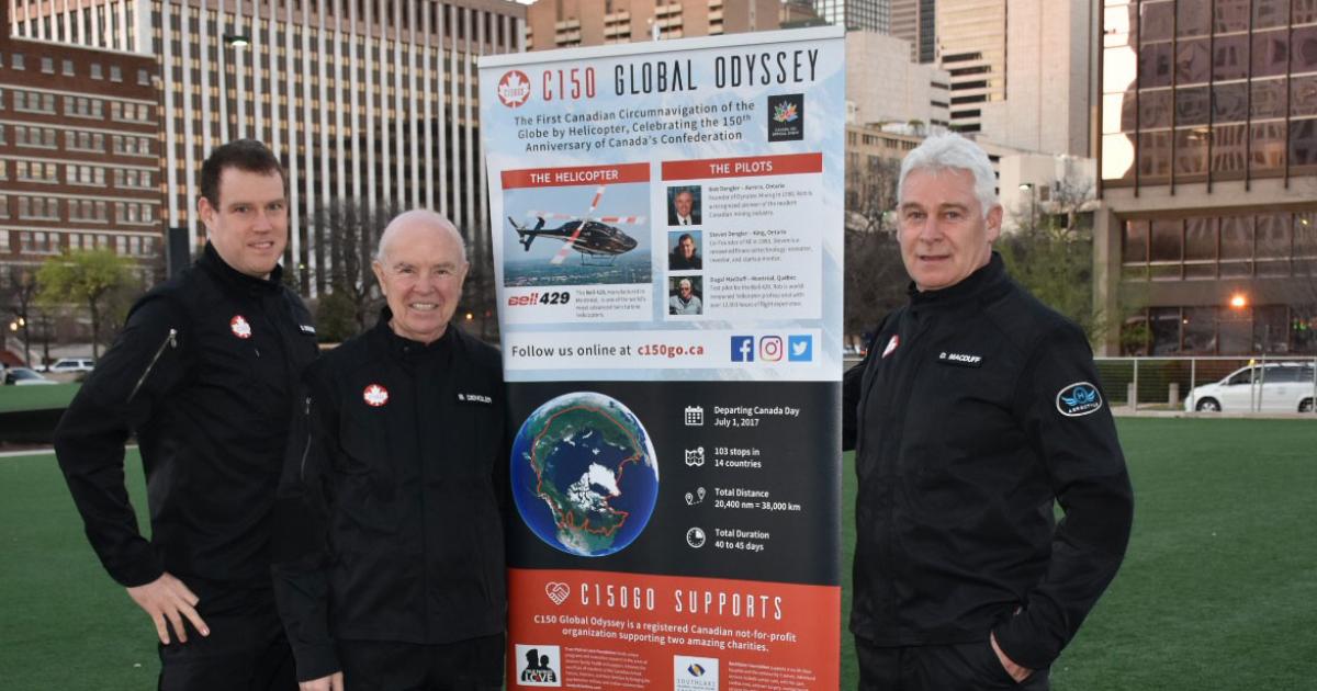 Steven Dengler and his father, Bob Dengler, along with Dugal MacDuff (right), will fly a Bell 429 on a circumnavigation flight this year to celebrate Canada’s 150th anniversary. The focus of the trip is not to break records but for the pilots to be ambassadors of good will around the world.