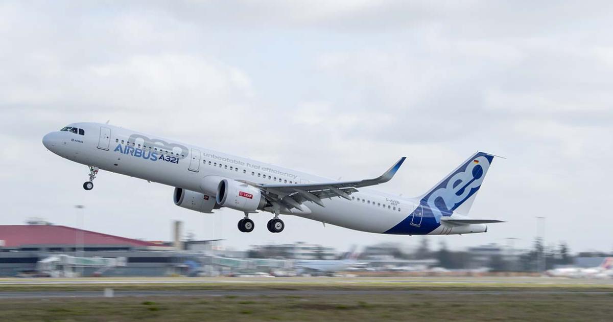 The first A321neo powered by CFM Leap-1As takes off from Toulouse Blagnac Airport. (Photo: Airbus)
