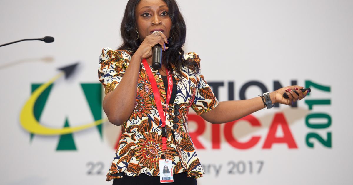 Adefunke Adeyemi, IATA's regional head of member and external relations for Africa and the Middle East, addresses the Aviation Africa 2017 conference in Kigali. 