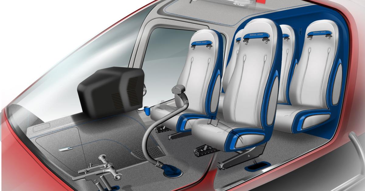 The “MAGnificent” VIP interior for the Bell 505 includes cup holders, stowage pockets, leather-wrapped flight control boots, modified foam packages and trim pieces on the existing seat frames and new interior panels.
