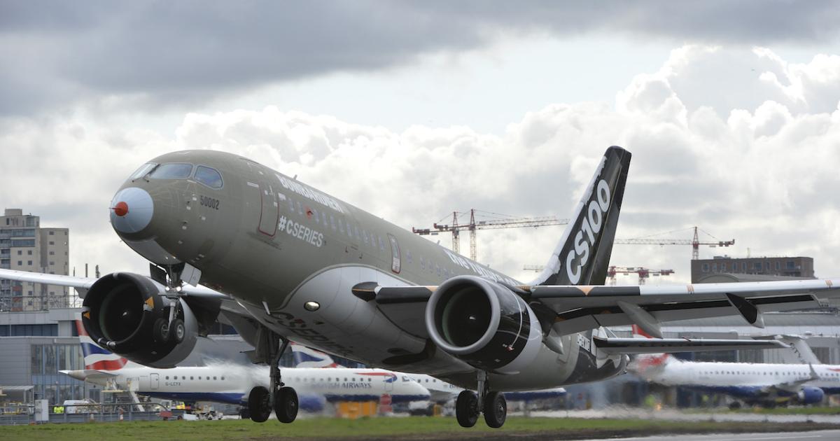 Bombardier CS100 S/N 50002 takes off from London City Airport. (Photo: Bombardier)