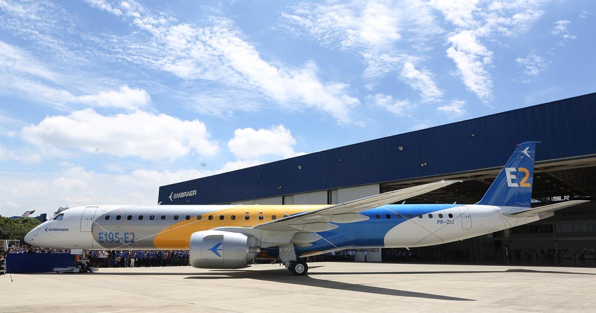  The first completed E195-E2 is shown at the Brazilian manufacturer's São José dos Campos facility. (Photo: Embraer)