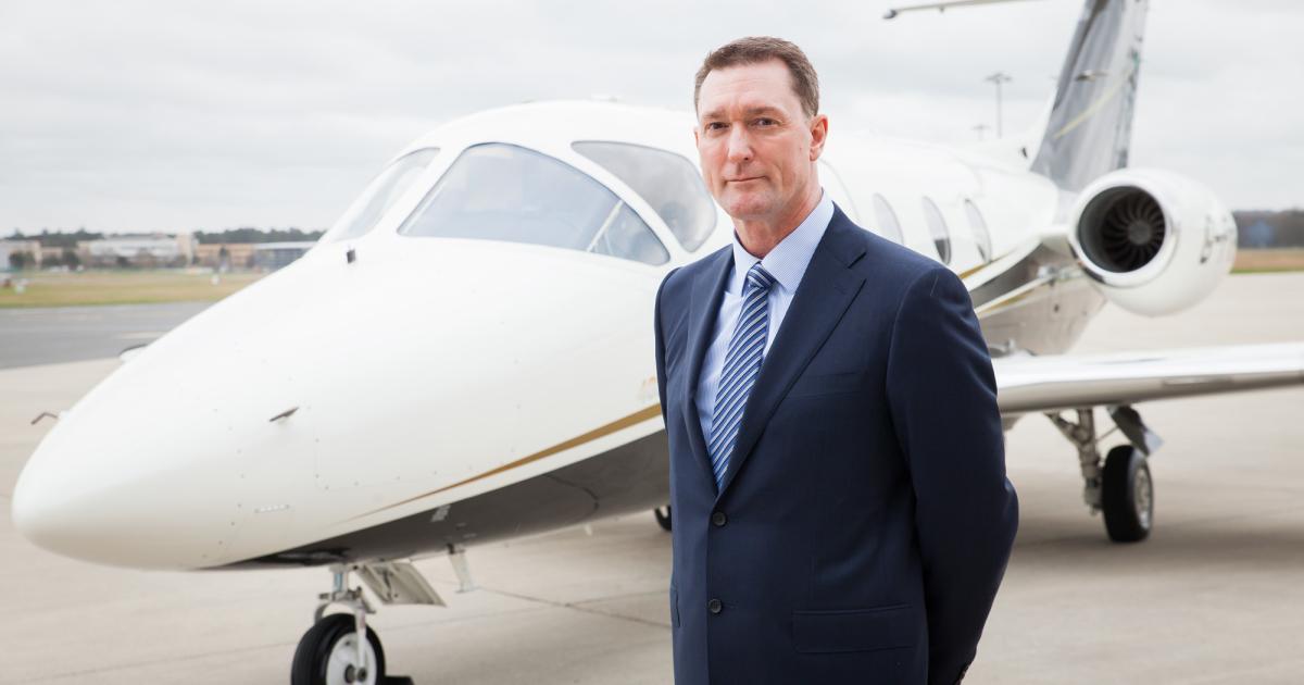 Ray Jones, CEO of Flexjet Ltd., the UK sister company of U.S.-based Flexjet, stands in the foreground of his company's first Nextant 400XTi. The addition of the light jet begins the build-up of Flexjet Ltd.'s dedicated fleet that will be will be made available to U.S.-based Flexjet owners in need of point-to-point private jet travel within the region or to the Middle East or Africa. (Photo: Flexjet)