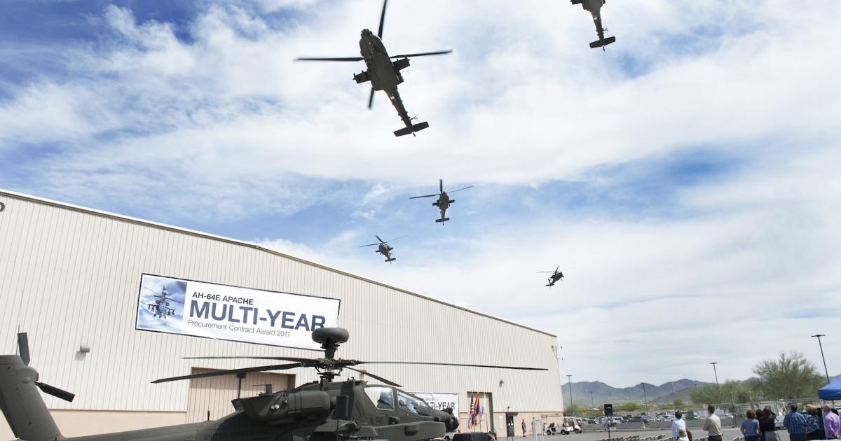 U.S. Army Apaches fly over Boeing's assembly plant in Mesa, Arizona, en route to Fort Hood, Texas. (Photo: Boeing)