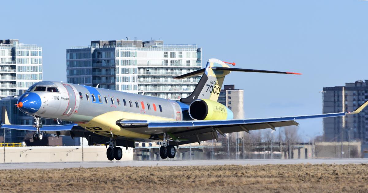 The second Bombardier Global 7000 flight-test vehicle lands in Toronto after a March 3 first flight lasting four-and-a-half hours. (Photo: Bombardier)