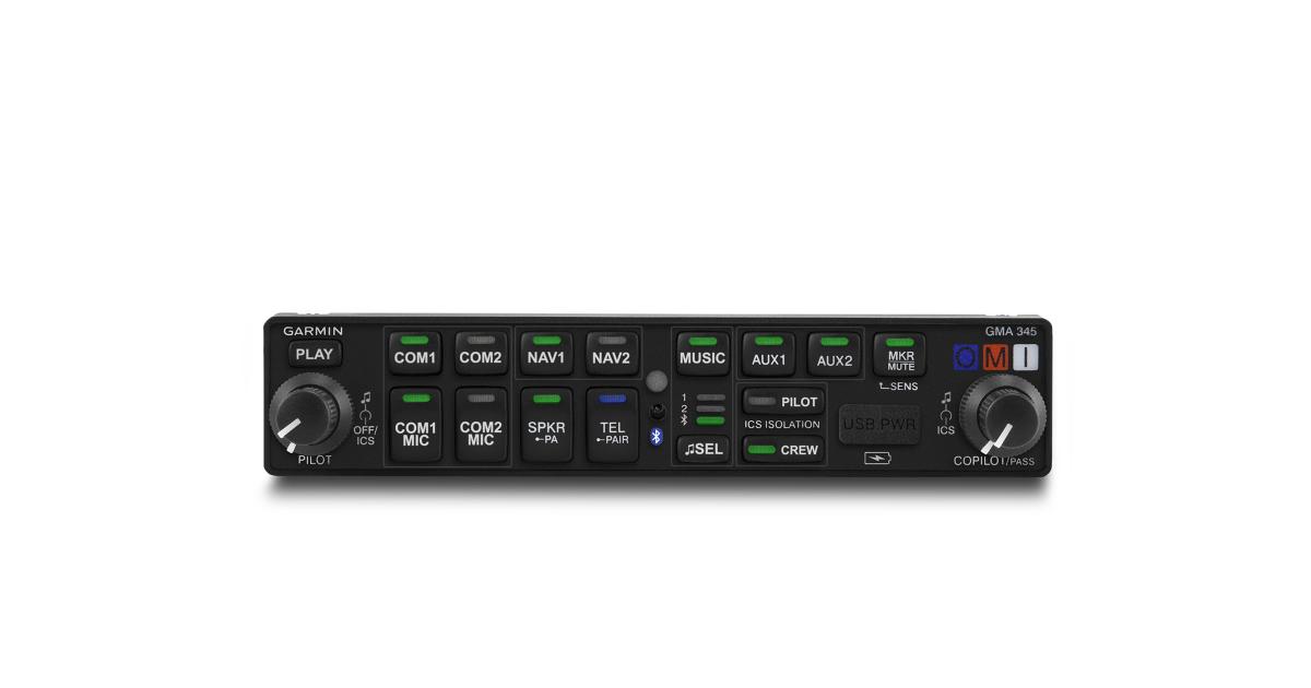 The new Garmin GMA 345 audio panel features Bluetooth connectivity and a front-mounted USB port, as well as music bass boost and equalizer settings, auto squelch, 3-D audio, split-com, and more.