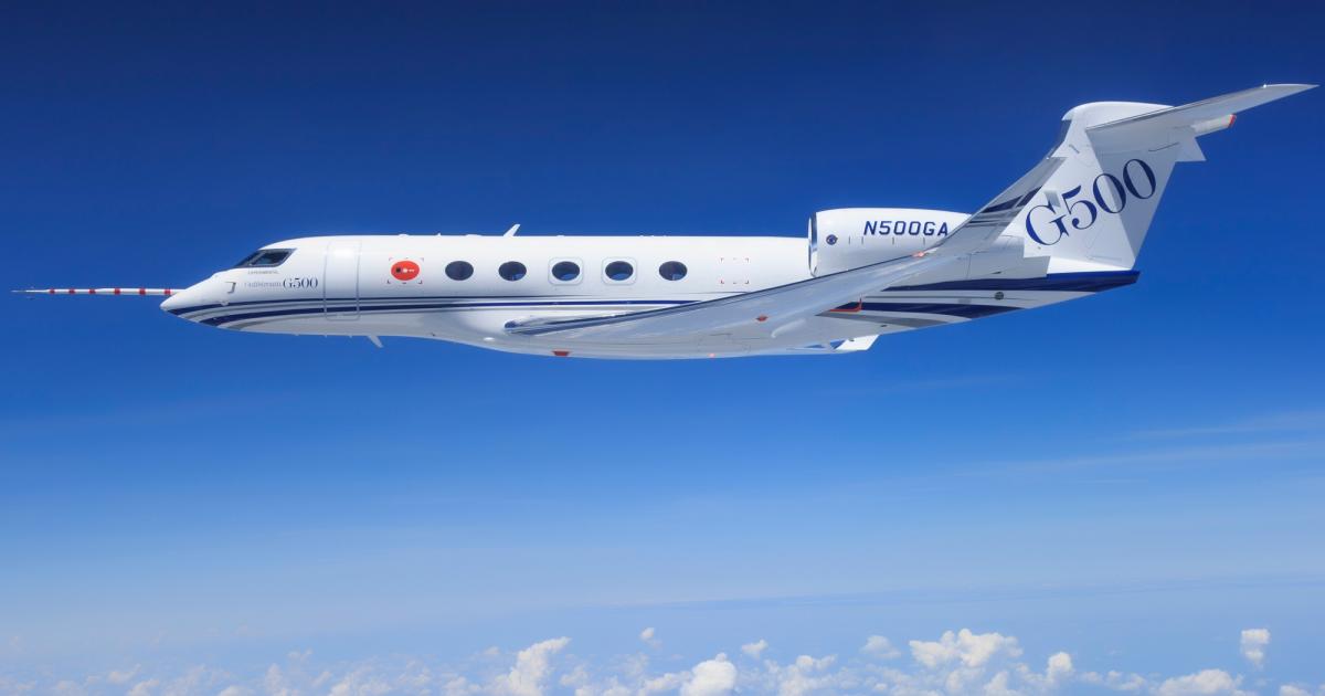 With five flight-test aircraft flying, Gulfstream said its new G500 is on track to for certification and entry into service by year-end. (Photo: Gulfstream Aerospace)