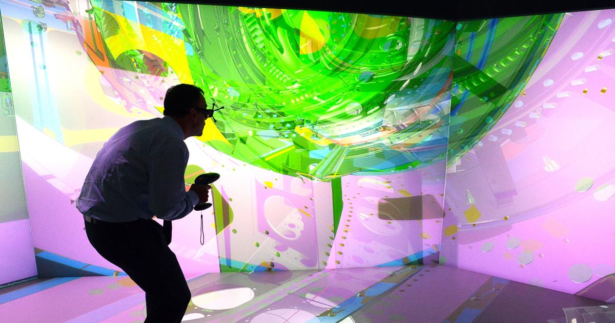 A virtual reality chamber helps Rolls-Royce not only in designing engines, but also planning maintenance procedures.