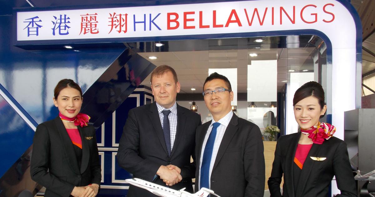 HK Bellawings vice president Jack Li and Satcom Direct’s chief commercial officer Chris Moore celebrate the signing of a memo of understanding that will see the aviation communications specialist named as the preferred connectivity provider for Bellawings’ fleet of managed business jets, one of several agreements the company announced here at ABACE.
