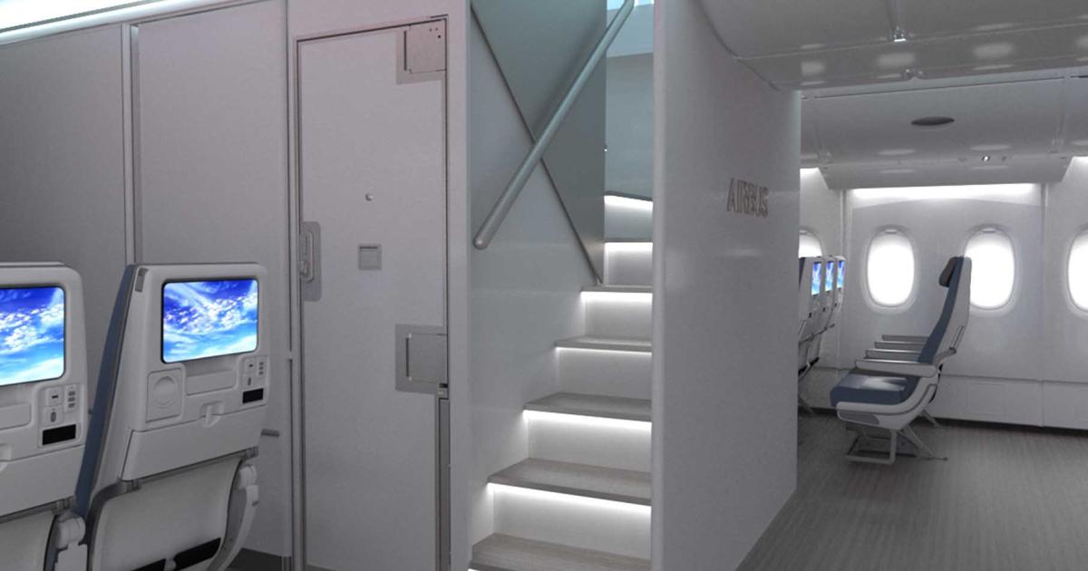 A new forward stair design for the A380 creates enough space for 20 more passengers in three seating classes. (Image: Airbus)