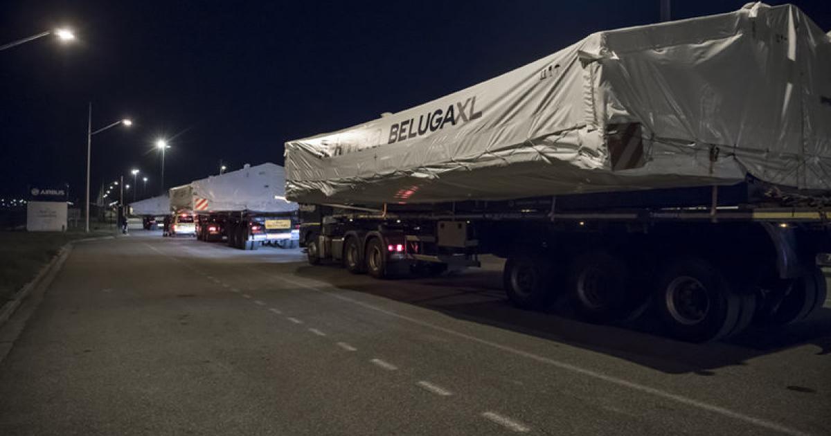A road convoy transports the Beluga XL's first rear upper fuselage parts to Toulouse, France, from Berantevilla, Spain. (Photo: Airbus)