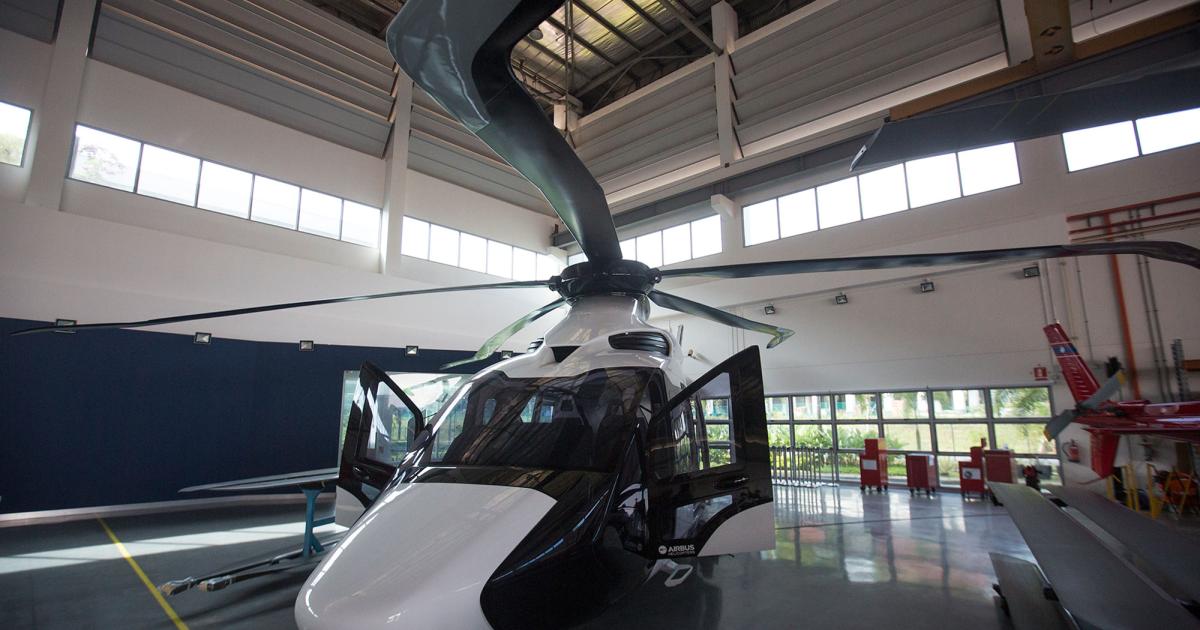 A full-size mockup of the H160 at Airbus Helicopter's Singapore facility includes the company's advanced Blue Edge blades. (Photo: Chen Chuanren/AIN)