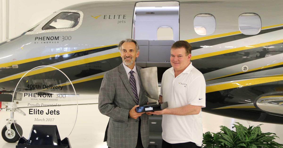 Embraer Executive Jets president and CEO Michael Amalfitano delivers the milestone 400th Phenom 300 to EliteJets founder and CEO Daniel Randolph on March 31. Naples, Fla.-based EliteJets plans to begin service with four Phenom 300s and one Legacy 500 next month.