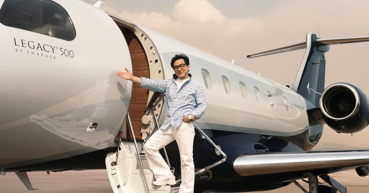 Movie star Jackie Chan is the brand ambassador for Embraer, and his new plane is the first Legacy 500 to be delivered to a Chinese customer.