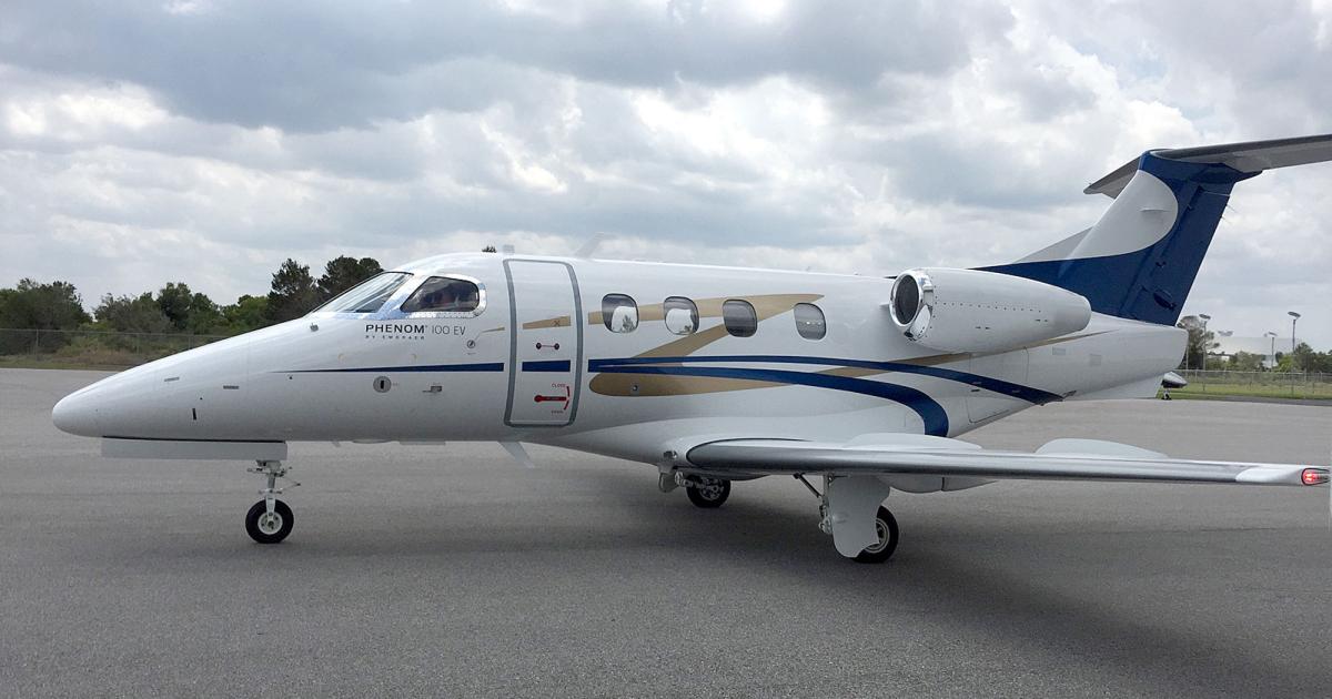 The first Phenom 100EV left Embraer Executive Jets' delivery center in Melbourne, Fla. on March 31. It went to an undisclosed U.S. customer. A second 100EV will soon be handed over to Toluca, Mexico-based operator Across. (Photo: Chad Trautvetter/AIN)