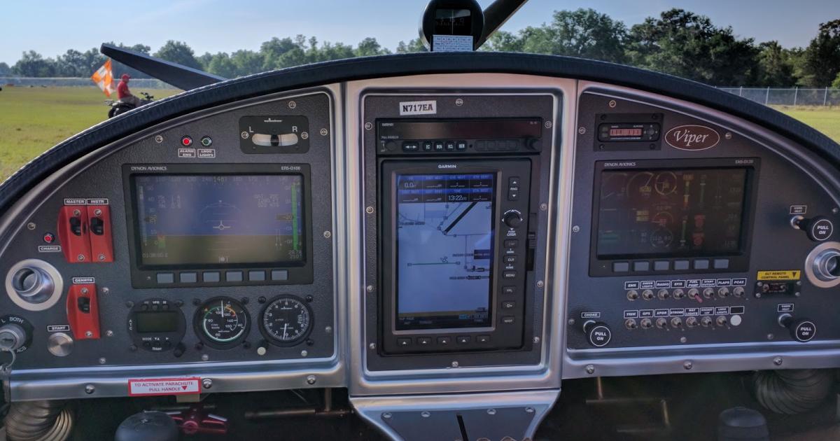 The Viper SD-4 can be equipped with a full glass cockpit, including two Dynon EFIS screens and a panel-dock for a Garmin 696 portable GPS/FMS. (Photo: Amy Laboda)