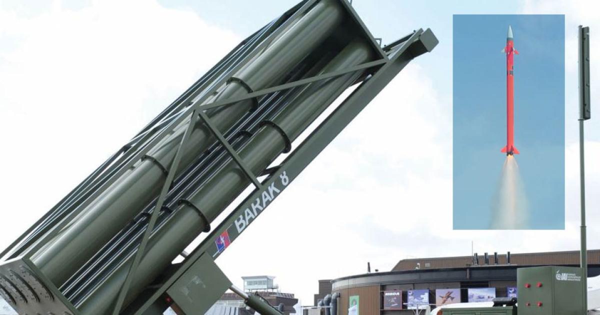 A Barak-8 launcher on display at the Paris Air Show in June 2015 (Photo: AIN). Inset: a trial firing of an LRSAM in September last year. (Photo: IAI)