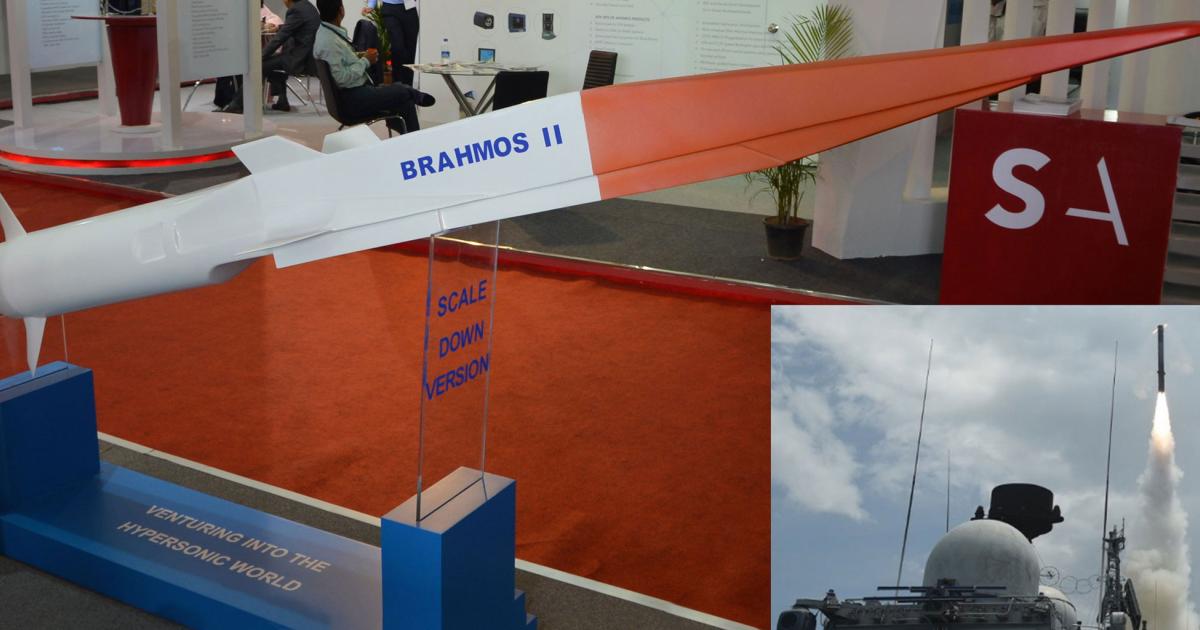 This scale model of the Indo-Russian Brahmos II hypersonic missile design, could also represent the all-Russian Zircon missile. (Photo: Vladimir Karnozov). Inset: the latest test-firing of a Brahmos from an Indian warship. (Photo: Indian Navy)