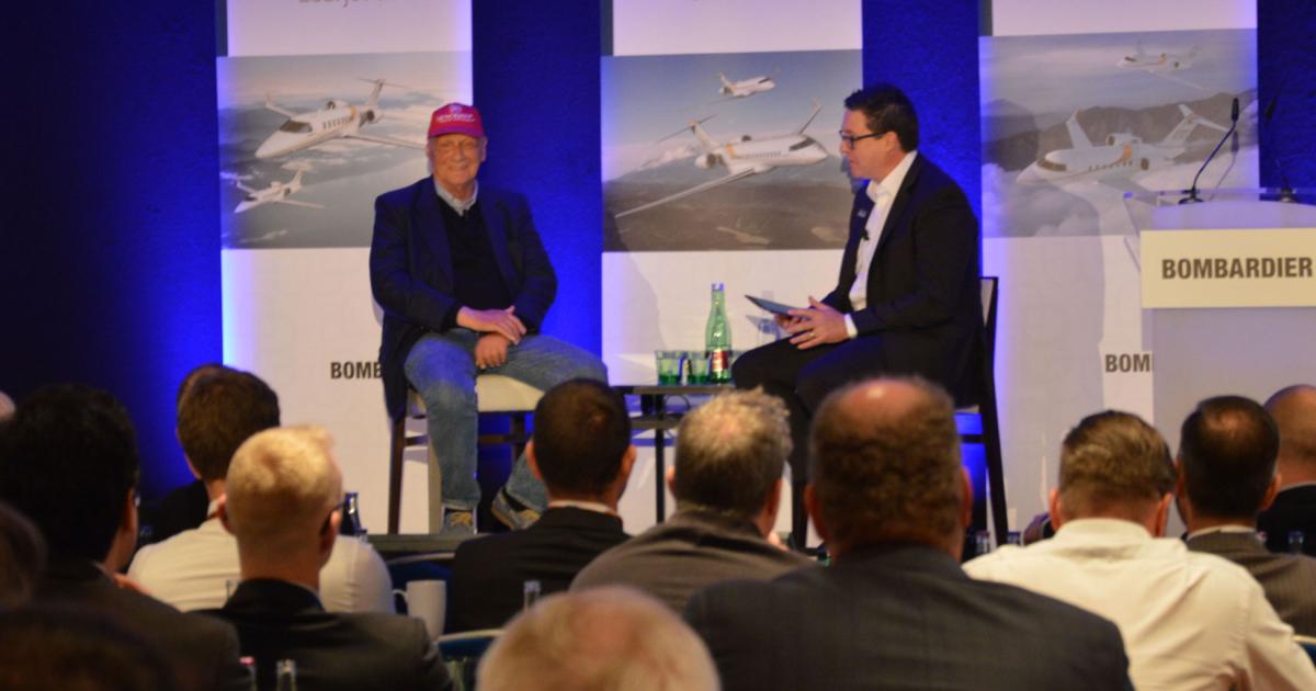 At the Maintenance and Operations (M&O) Europe Conference this week, a Bombardier rep chats with  Formula One champion Niki Lauda, who operates of a Global 6000 about his experience.