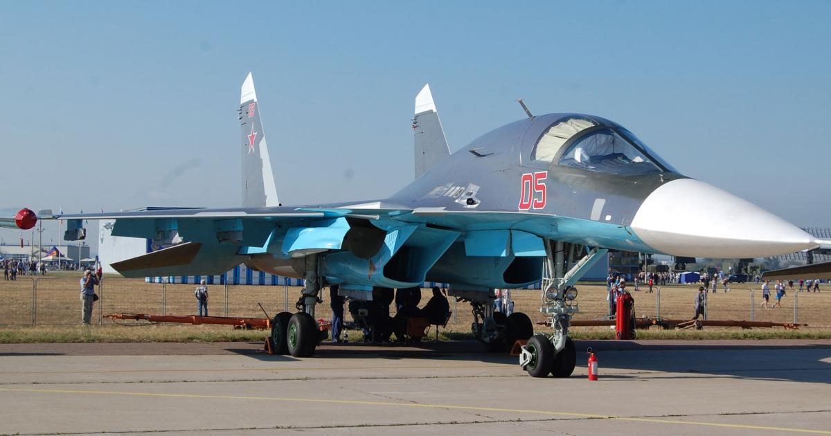 An early production Su-34 in static display at the Russian Air Force 100th anniversary airshow at Zhukovsky in 2012. (Photo: Chris Pocock)