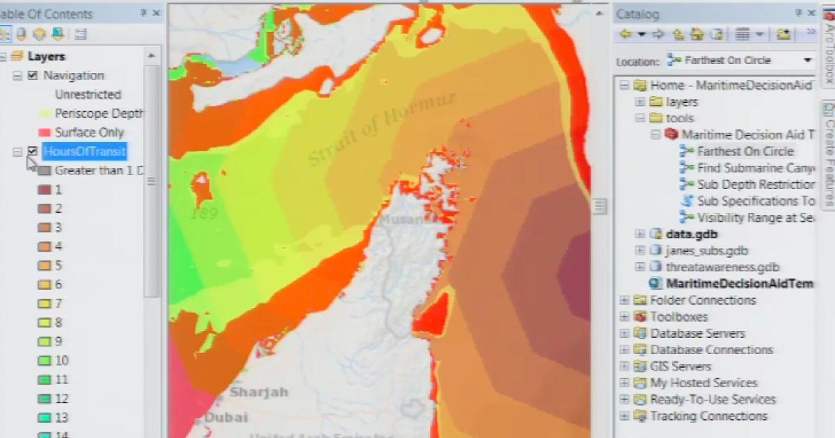 This screenshots shows how data from Esri’s ArcGIS product – in this case, of the Straits of Hormuz - can be leveraged to provide additional intelligence on factors such as the distance that a submarine could travel underwater in a given time, from its previously-confirmed location. [Image: Esri]