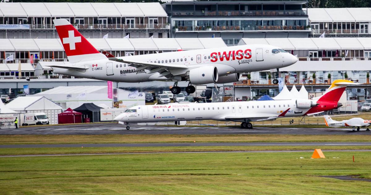 A Swiss CS100 takes off for a flight demo at last year’s Farnborough Air Show. [Photo: Bombardier]