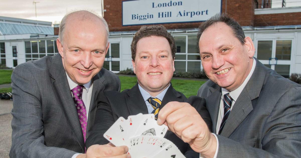 Expecting a winning hand from this year’s Air Charter Expo (ACE) to be held at historic Biggin Hill Airport on September 12 are, left to right, ACE chairman Mark Ranger, Baltic Air Charter Association (BACA) chairman Richard Mumford and Biggin Hill Airport marketing manager Andy Patsalides. 