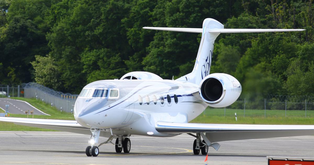 One of Gulfstream’s G500 prototypes taxies to the static display area before the start of EBACE 2017. The new long-range, large-cabin business jet is powered by a pair of Pratt & Whitney Canada PW814GA turbofans with more than 15,000 pounds of thrust each and set a city-pair record on its flight from the U.S. Gulfstream expects certificatioon and initial deliveries later in 2017. See page 93 for more.