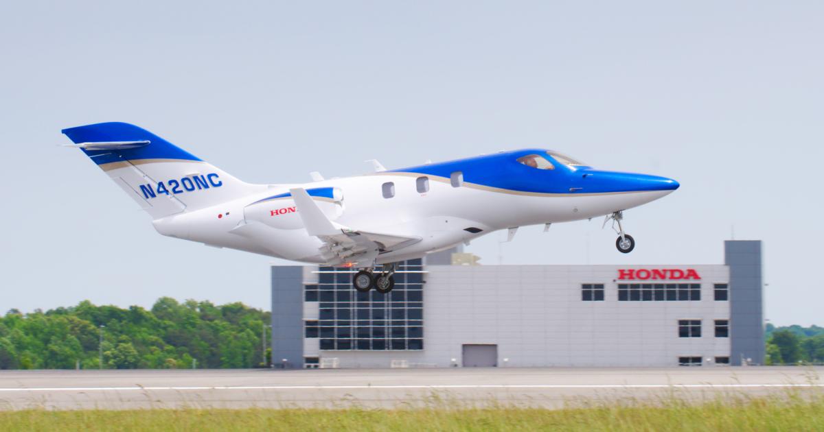 Honda Aircraft played a role in the year-over-year gain in business jet deliveries in the first quarter. According to GAMA data, the tally of 130 business jets delivered in the quarter was up by eight from a year ago; HondaJet shipments jumped to 15 in the first three months of this year from three in the first quarter of last year. (Photo: Honda Aircraft)
