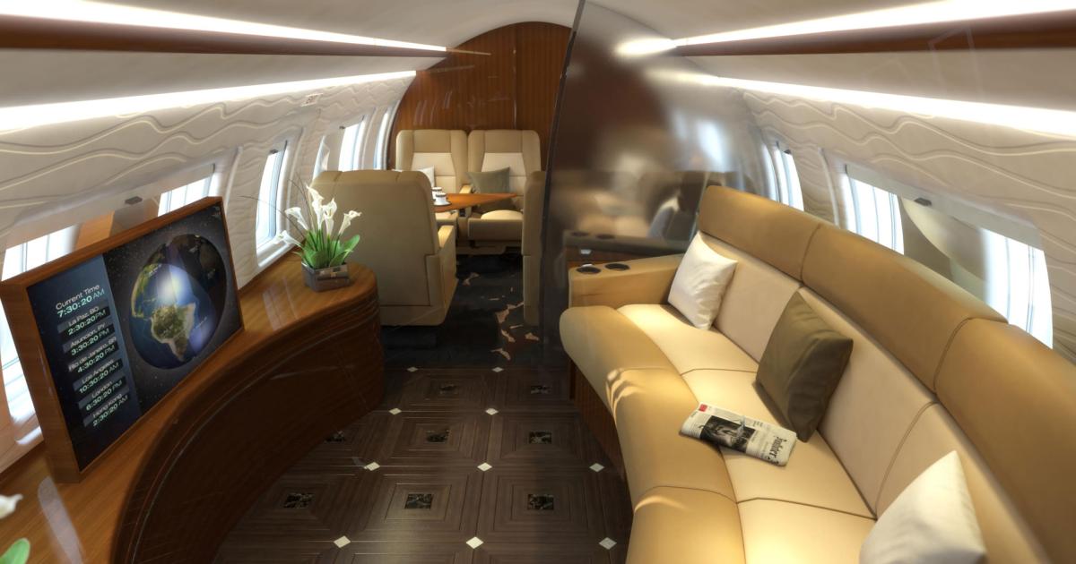 Nextant’s idea of what might be done to re-think business jet cabins is expressed in this artist’s conception of how a Challenger 604XT might turn out. Among the concepts are a galley transitioning to a media room, and a full-width, removable conference and dining table.