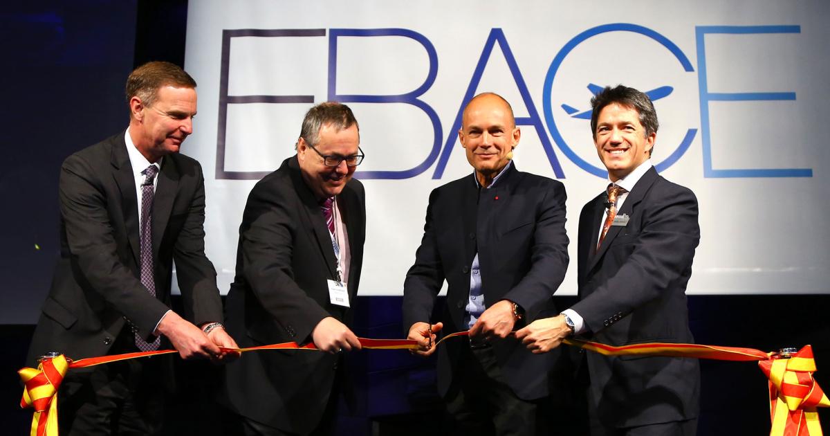 Ed Bolen, president and CEO of the National Business Aviation Association; André Schneider, Genève Aéroport CEO, general director; 
Bertrand Piccard, chairman and pilot of Solar Impulse; and Brandon Mitchener, CEO of the European Business Aviation Association
