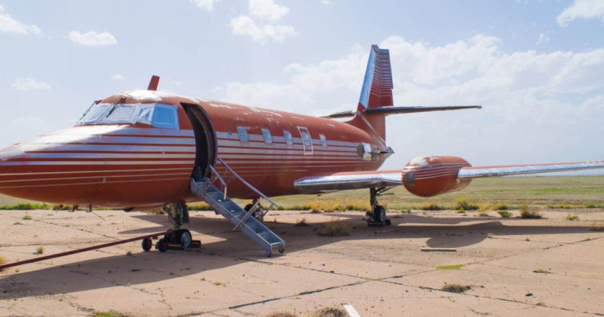 On May 25, this 1962 Lockheed JetStar once owned by Elvis Presley is scheduled to be auctioned to the highest bidder. it is missing its four engines and has been sitting for more than 30 years on a ramp at an aircraft boneyard in Roswell, New Mexico. (Photo: GSW Auctioneers)