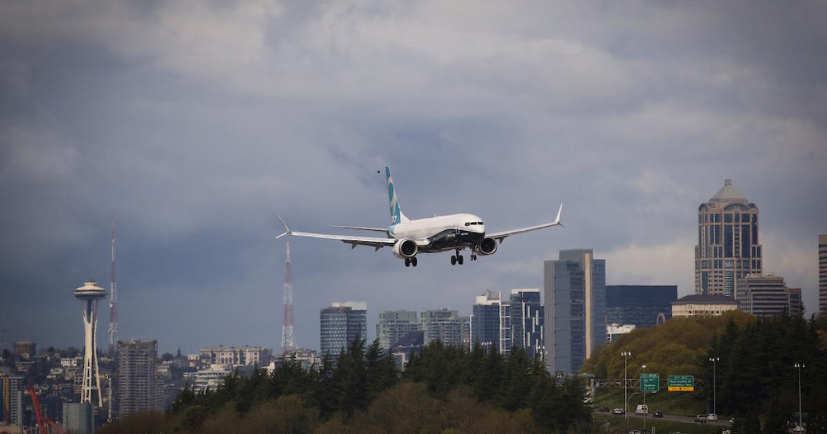 The first Boeing 737 Max 9 approaches Boeing Field in Seattle for the completion of its first flight on April 13. (Photo: Boeing)