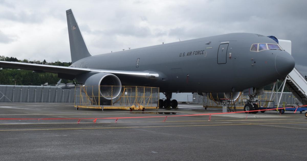 The KC-46 Pegasus EMD 4 tanker is parked at Boeing Field south of Seattle, one of six aircraft being tested. (Photo: Bill Carey)