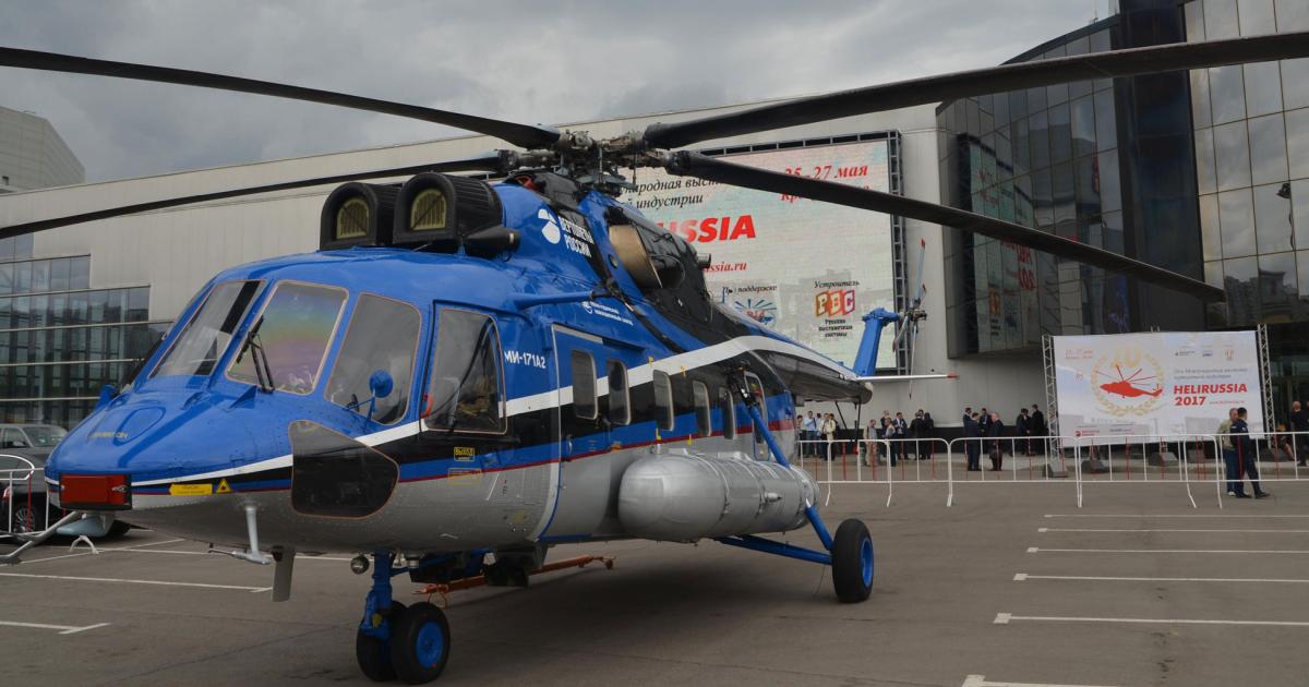 One of the Mi-171A2 prototypes on display outside the HeliRussia exhibition hall in Moscow. (Photo: Vladimir Karnozov)