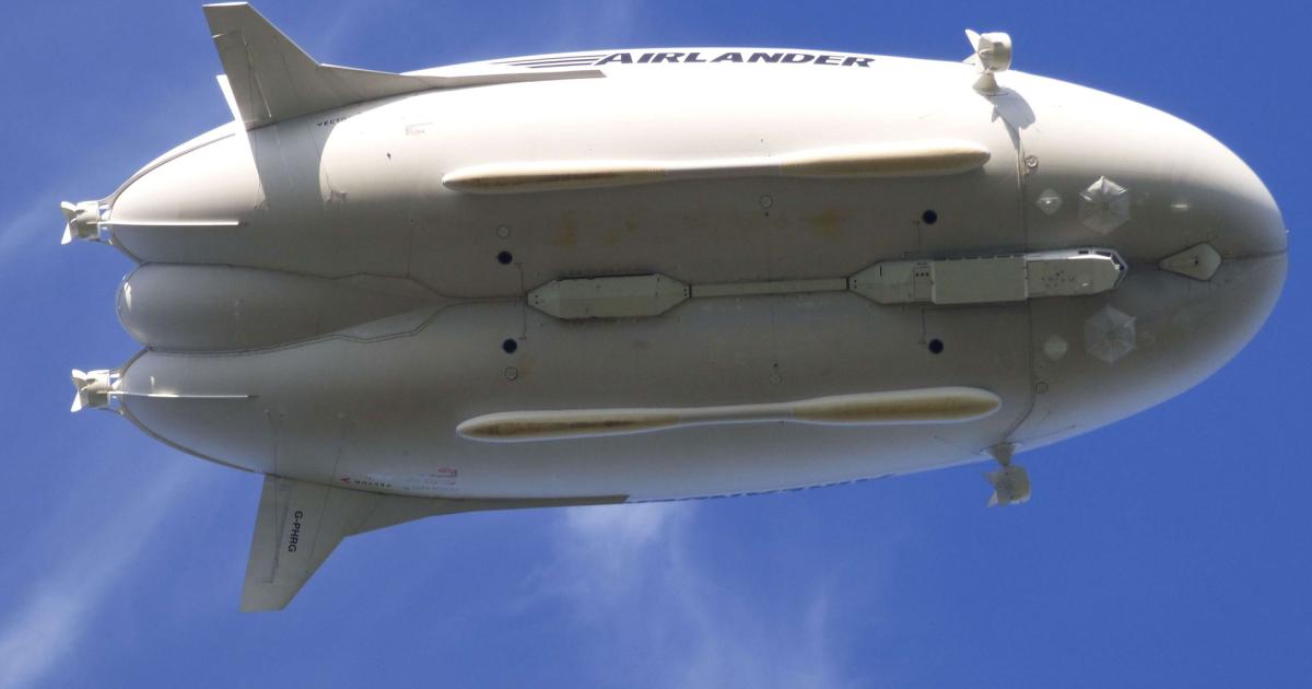 This underside view of the latest Airlander 10 test flight shows the oval pressurized airbags that have been added either side of the flight deck. (Photo: HAV) 
