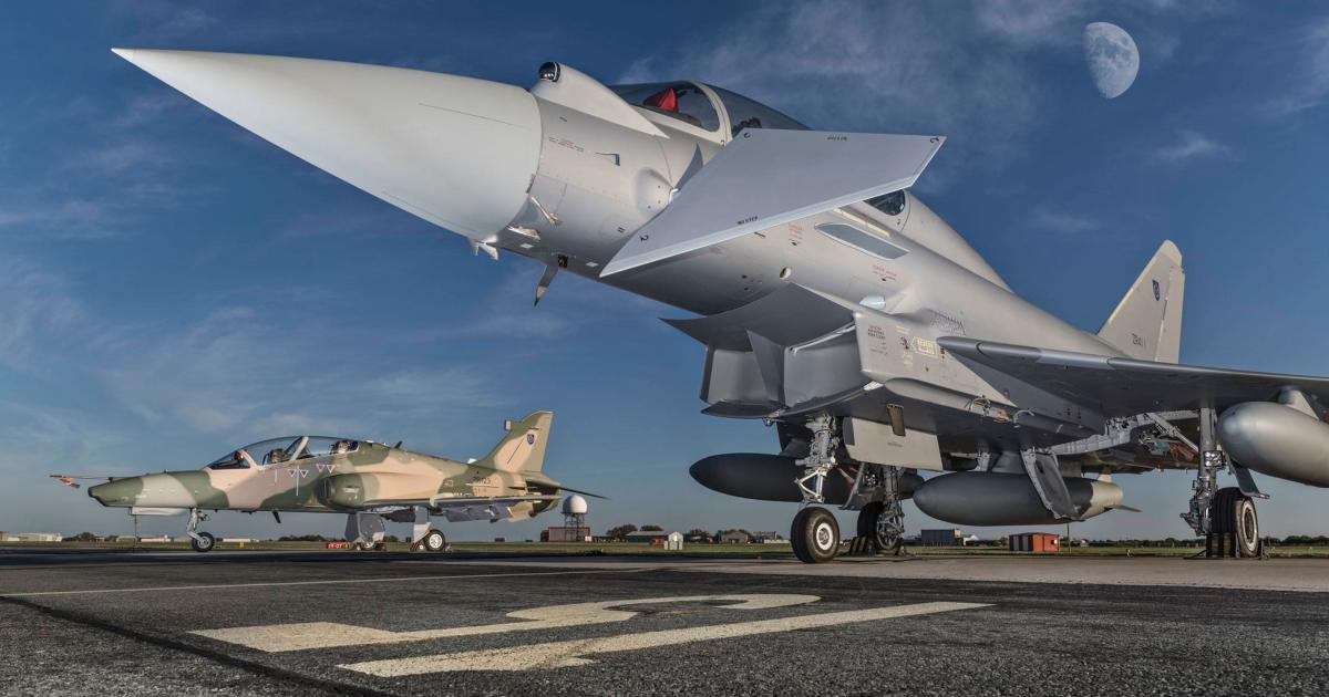 The first Typhoon and a Hawk for Oman, on the tarmac at Warton before the presentation ceremony. (Photo: BAE Systems) 