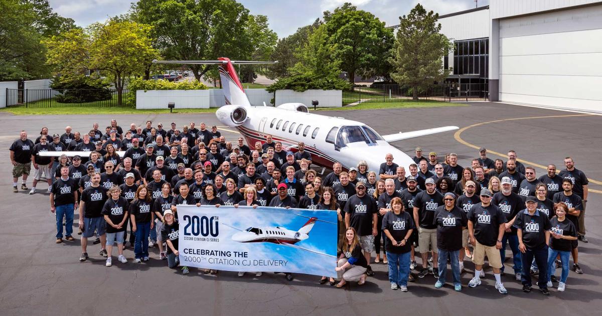 The 2,000th CJ family airplane—a Cessna Citation CJ3+—was recently delivered to longtime Cessna Citation customer Marc Dulude at Textron Aviation’s headquarters in Wichita. (Photo: Textron Aviation)