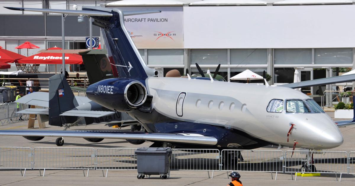 Many of Embraer’s business jets, like the Legacy 450 shown here on the Paris Air Show ramp, are manufactured in Melbourne, Florida.