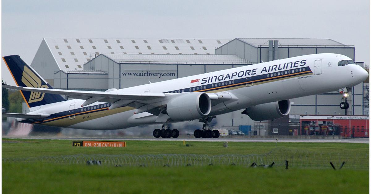 A Singapore Airlines Airbus A350-900 takes off from Manchester, England. (Photo: Flickr: <a href="http://creativecommons.org/licenses/by-sa/2.0/" target="_blank">Creative Commons (BY-SA)</a> by <a href="http://flickr.com/people/riikkeary" target="_blank">Riik@mctr</a>)