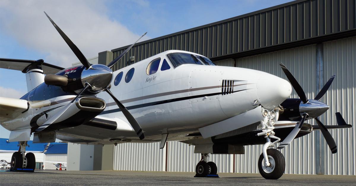 Raisbeck Engineering's swept-blade propellers for the Beechcraft King Air B300 series received approval from Argentina’s Adminstración de Aviación Civil (ANAC). The aluminum props offer improvement in all facets of operation including takeoff acceleration, climb performance, cruise and landing deceleration, as well as diminishing noise in the cabin. (Photo: Raisbeck Engineering)