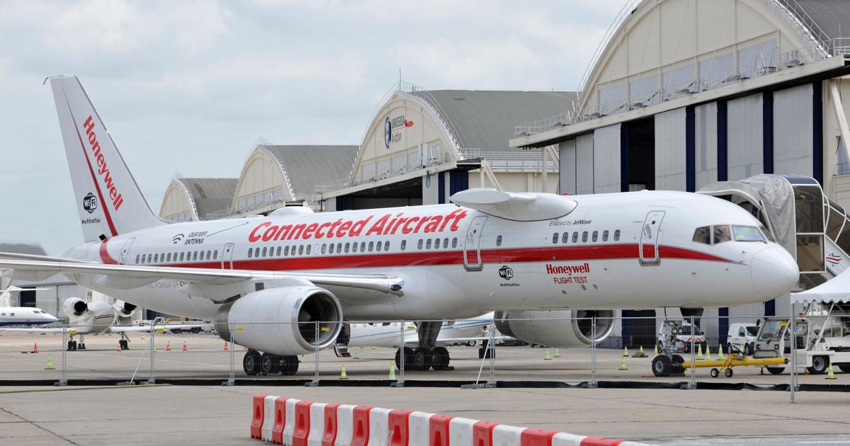 Just before the Paris Air Show, two AIN editors got to take a ride on Honeywell’s Connected Aircraft test bed. The hard working Boeing 757 is here at Le Bourget on the static display line. 