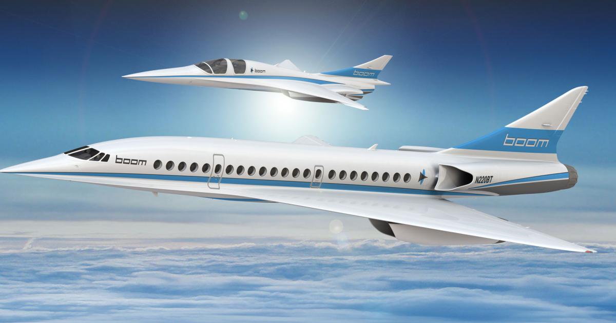 Boom Supersonic’s XB-1 demonstrator, top, is set for a first flight in 2018. It will be used to verify the technologies the company plans for its 55-passenger Mach 2.2 airliner. The company says seats aboard the Boom airliner will be priced similar to today’s business class.