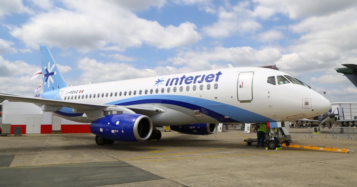 An Interjet Sukhoi SSJ100 being towed to parking earlier this week before the Paris Air Show opened.