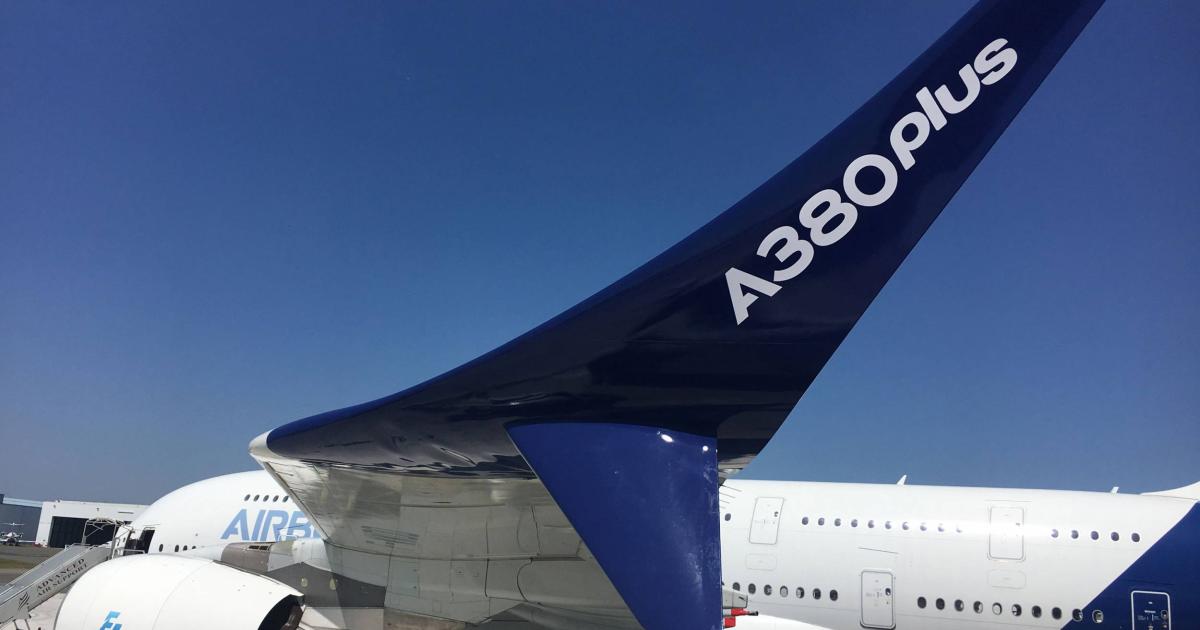 Airbus announced today its A380plus concept, featuring split winglets and other enhancements adding an estimated cost-per-seat benefit of 13 percent, according to Airbus. (Photo: Airbus)