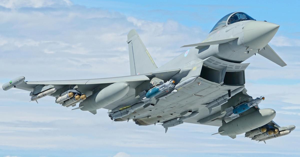 A British Eurofighter Typhoon flies with six Brimstone missiles on a captive-carry test as part of a mixed weapon load. The test included four Meteor air-to-air missiles. The six Brimstones are carried under each wing on triple-rack launchers.