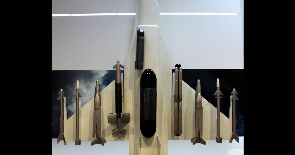 Rafael’s line-up of air-delivered weapons is fully represented in this mock-up of an F-16’s underside at the company’s 2017 Paris Air Show exhibit booth.